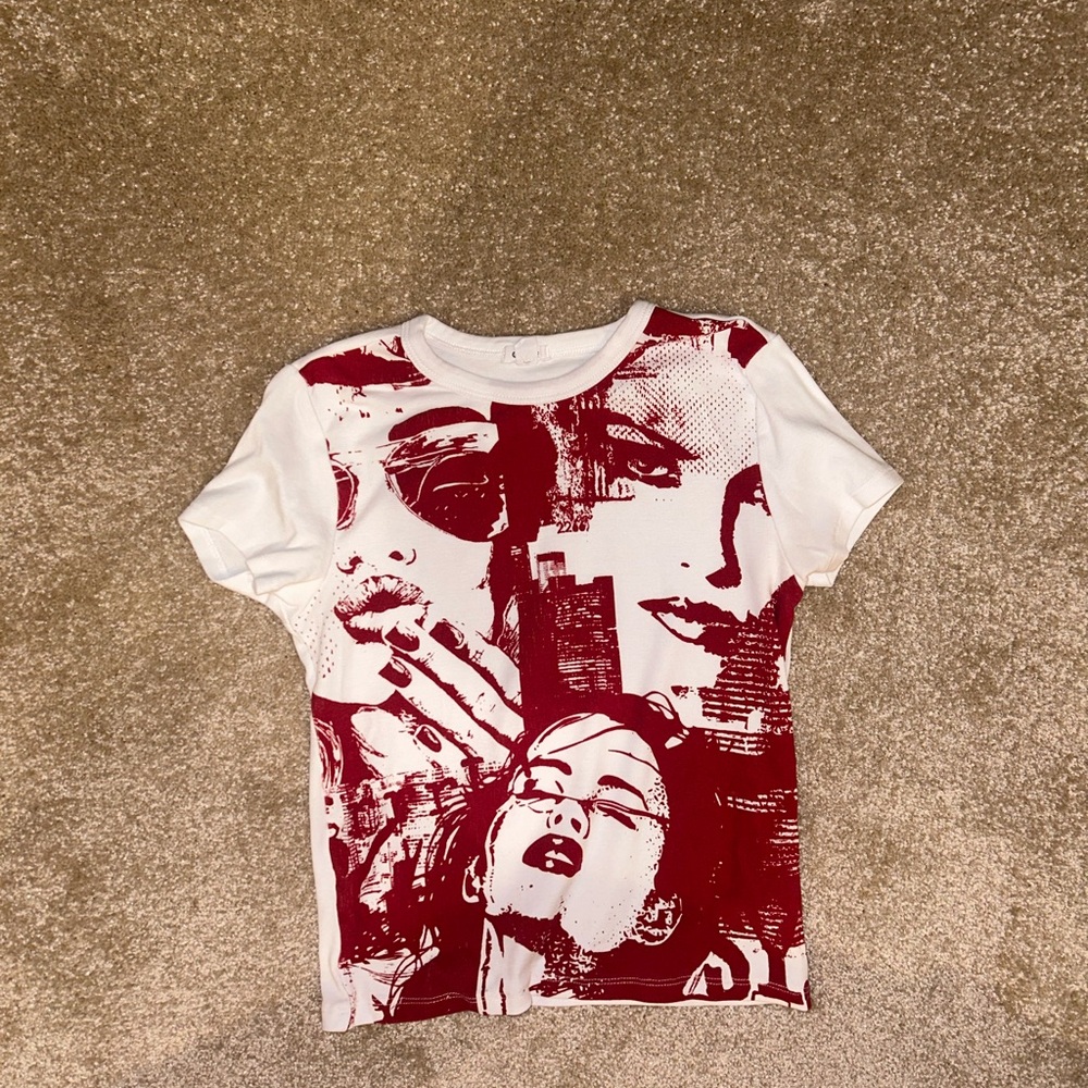 Garage White Tee with Deep Red Abstract Face Print